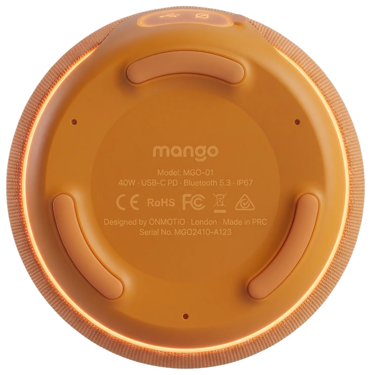 The underside of Mango, its engraved plate reading 40W, USB-C PD, Bluetooth 5.3, IP67