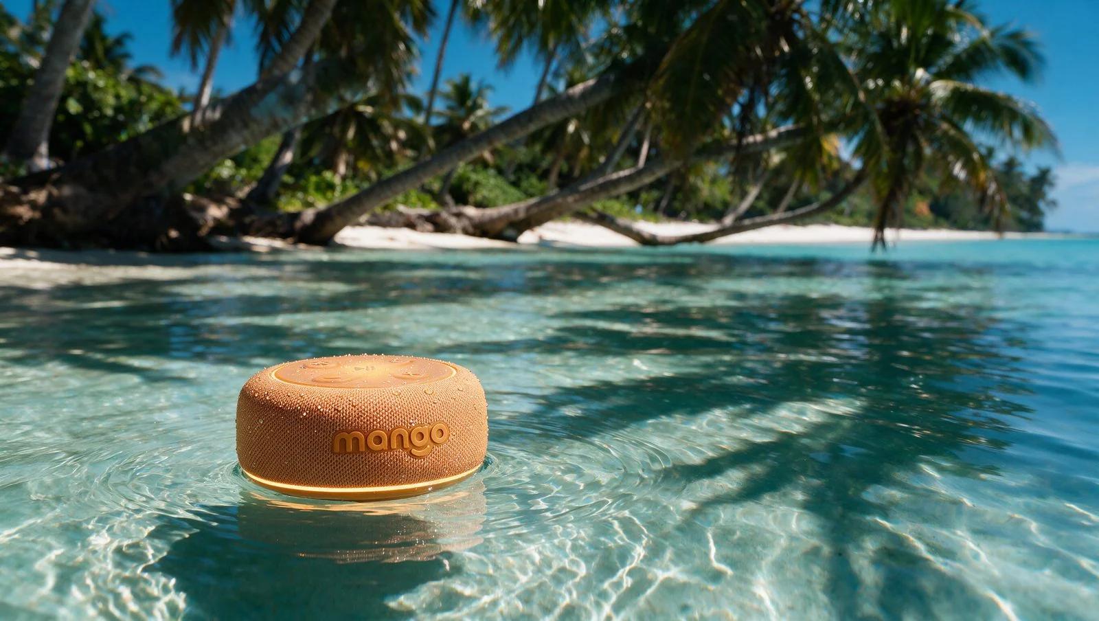 Mango floating in a shallow lagoon, its halo lit