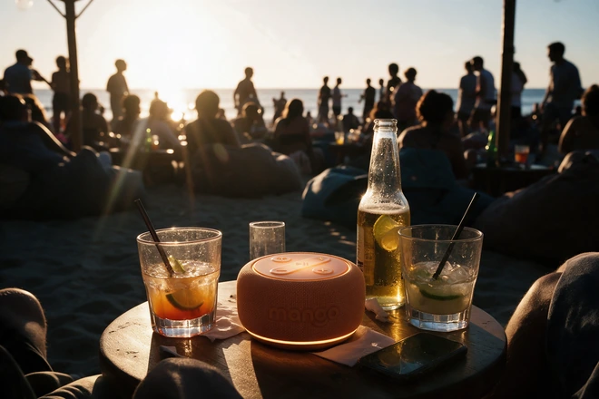 Mango on a beach bar table at sunset