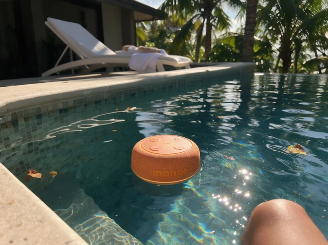 Mango floating in a hotel pool