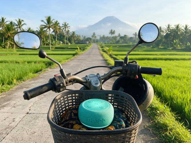 Mango in Pacific in a scooter basket between rice fields