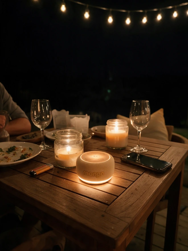 Mango in Coconut glowing on a terrace table at night
